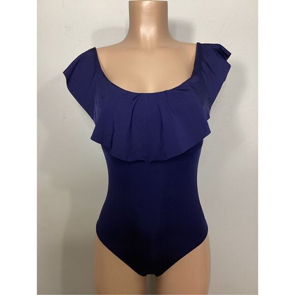 New. Trina Turk navy off shoulder ruffle top. Size 8. Retails $148 - Picture 2 of 11